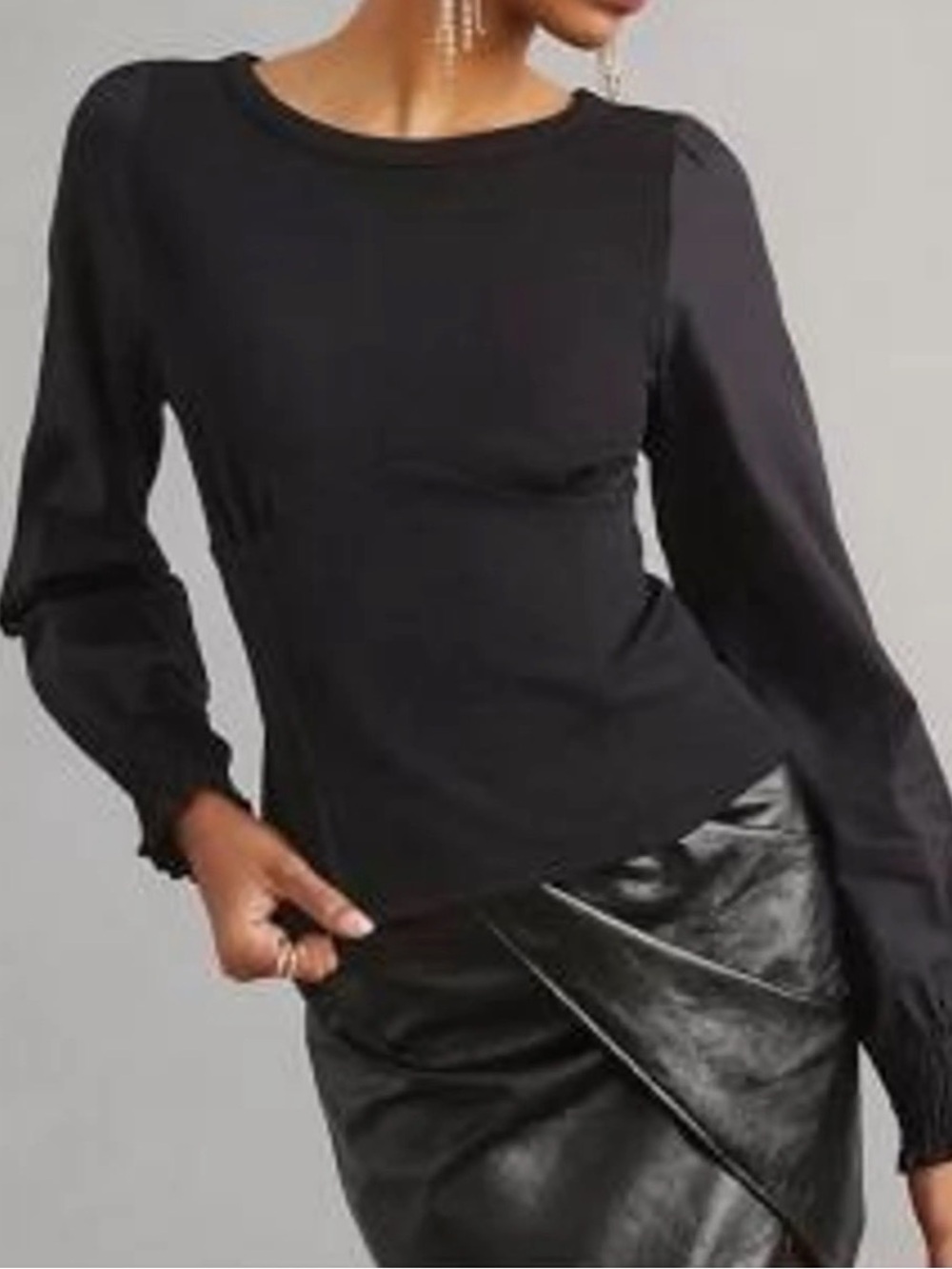 Anthropologie Black Puff-Sleeve Crewneck Long Sleeve Top